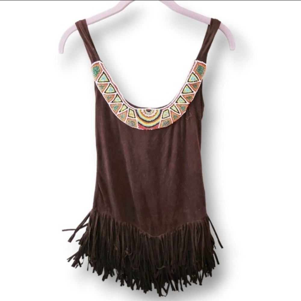 Brown Suede velvet Fringe western rodeo beaded mini Dress S Pocahontas native